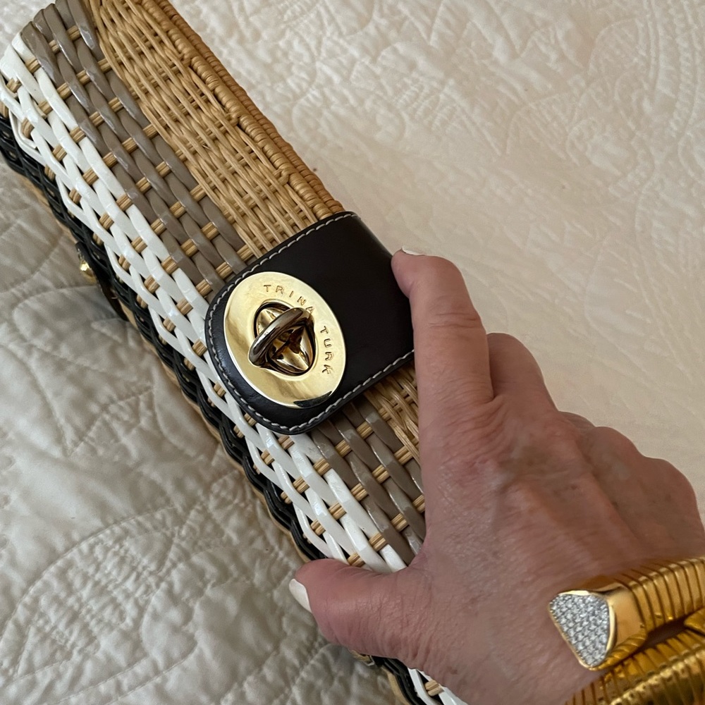 Beautiful Trina Turk rattan woven clutch